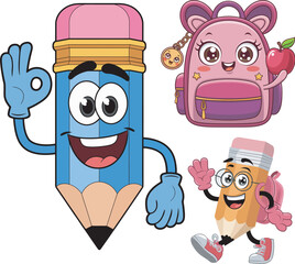 Funny Pencil and Backpack Characters in Cartoon Style for Kids