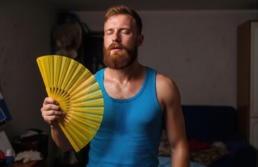 Sweaty Man Cools With Yellow Fan