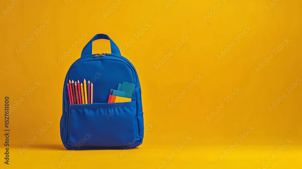 Poster full blue school backpack with colored pencils and colorful sticky notes in its front pocket is stan