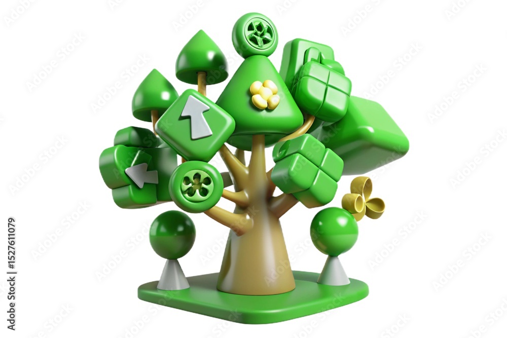 Poster abstract green tree with symbolic shapes and arrows