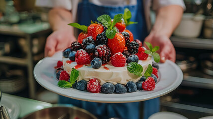Exquisite Dessert Display with Fresh Berries on Meringue Base Surrounded by Culinary Mastery in Restaurant Kitchen Setting