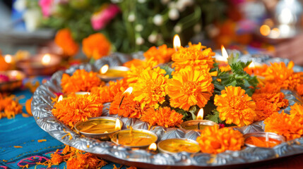 Diwali Festival Arrangement with Marigold Flowers and Oil Lamps on Colorful Fabric Background