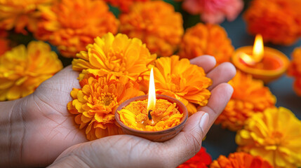 Diyas and Marigold Flowers in Hands for Festival of Lights Celebration in Vibrant Colors