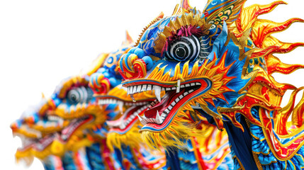 Fototapeta premium Dragon heads adorned with vibrant patterns and intricate details, perfect for cultural celebrations and festive decorations