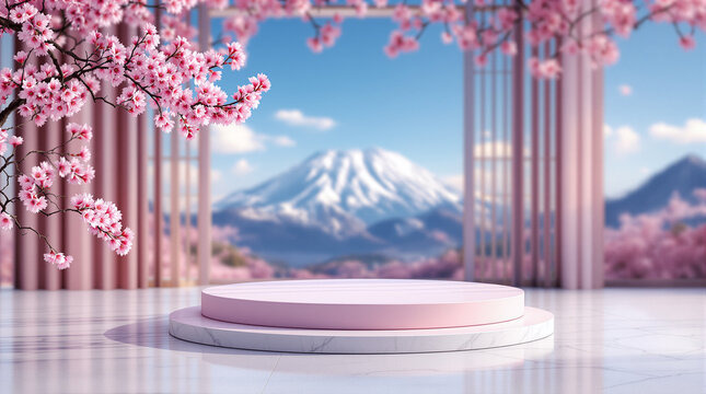 A round advertising podium against the background of a volcano and a blossoming sakura branch — a minimalist scene for cosmetic or branded products in an Asian style