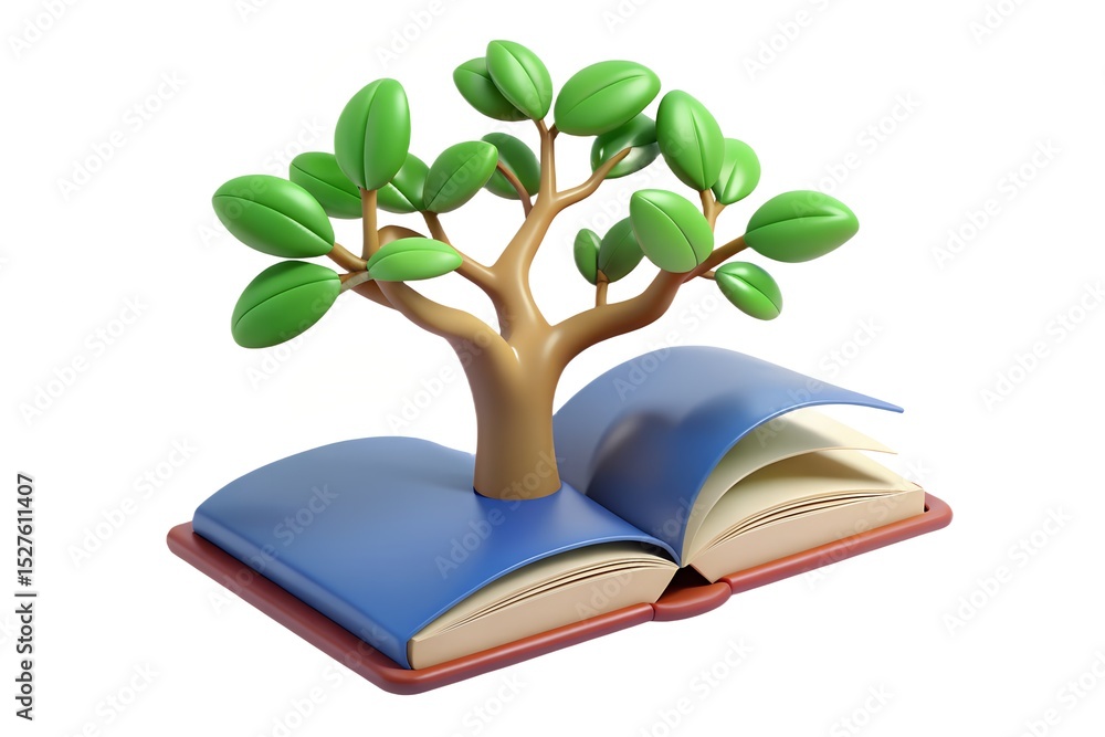 Poster 3d render of a tree growing from an open book
