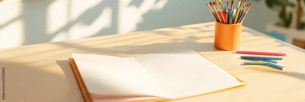Poster open notebook lies on a wooden table bathed in sunlight, accompanied by paintbrushes in a container 