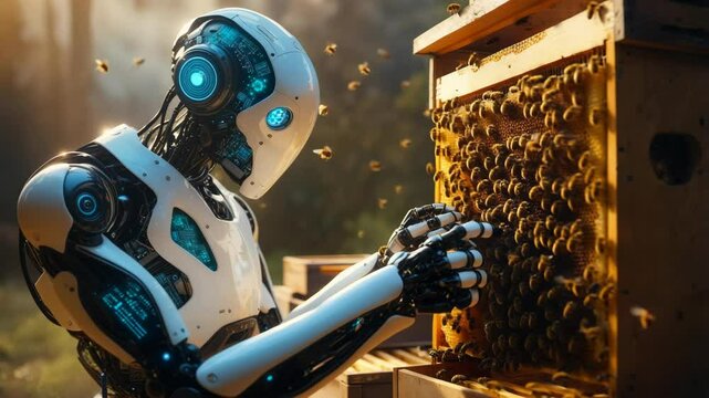 Robot tending to beehive in a lush garden during golden hour with buzzing bees all around