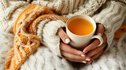 Cozy hands holding a warm cup of tea while wrapped in a soft knitted sweater and blanket in a serene indoor setting