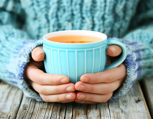 Cozy Hands Holding a Blue Ceramic Cup of Tea or Coffee with a Warm Knitted Sweater in a Rustic Setting