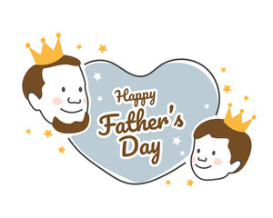 Happy father's day - Text in heart banner with head father and son wearing golden crown and star aroundand vector design