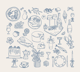 Gourmet delicatessen, food, drink and sweet snacks doodles retro vintage sketches isolated set