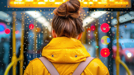 Woman in Yellow Raincoat Waiting in Public Transport with Raindrops on Window and Colorful Lights in Background