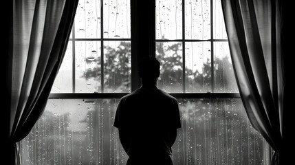 Silhouette of a Person Gazing Out a Rainy Window Surrounded by Drapes, Capturing Emotions of Reflection and Solitude in Monochrome