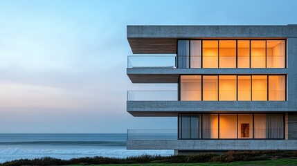 Modern coastal home at sunset