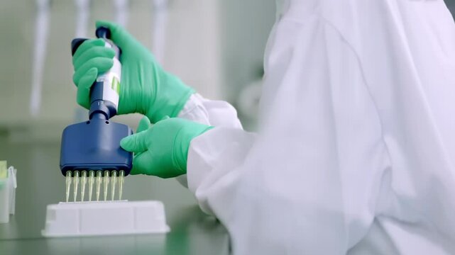 Scientist or researcher holding multi channel pipette transferring Solution Samples into 96 well plate for biomedical research in medical microbiology lab.