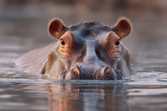 Hippopotamus partially submerged in water at eye level with detailed view of head, ears, and reflection