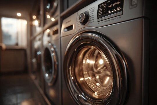Row of modern front-load washers at laundromat, sleek gray appliances with digital controls, bright lighting, appliance detail