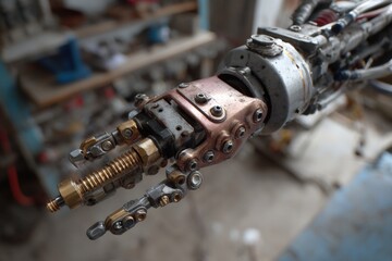 Detailed metal robotic arm with articulated fingers against a blurred workshop environment showcasing craftsmanship and engineering