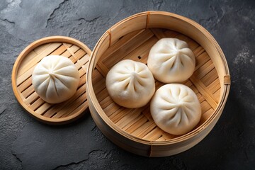 Mantou, a steamed bread from Portugal. White fluffy buns arranged in bamboo steamer. Minimal background