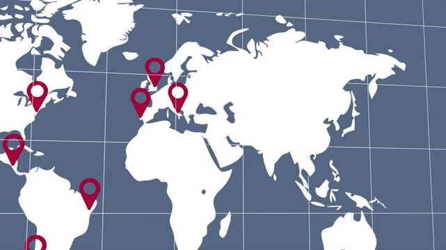 A modern view of the world map showing red location pins on blue background. 3d animation concept for adventure, discovery, navigation, communication, logistics, geography, transport and travel.