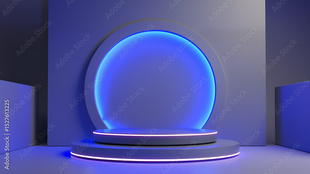 Poster a modern podium with neon lights is set against a simple background for product display or presentat