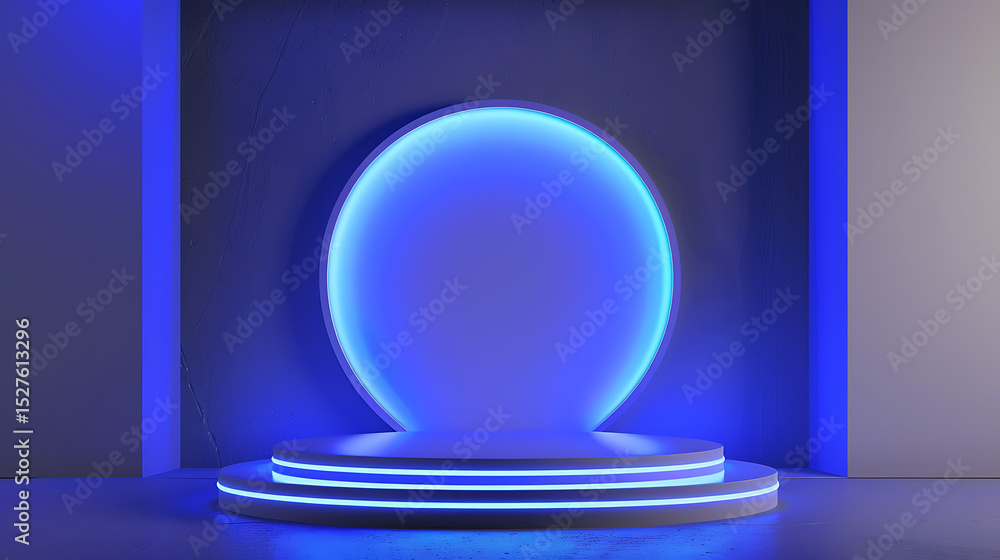 Poster a glowing blue circular podium stands ready for a product presentation against a neutral backdrop cr