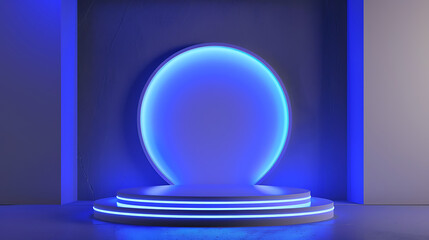 A glowing blue circular podium stands ready for a product presentation against a neutral backdrop creating a modern and minimalist showcase space