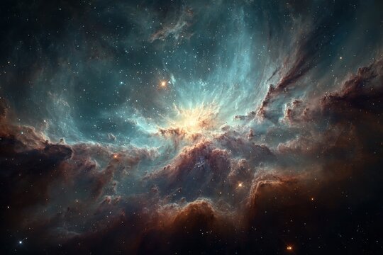 Breathtaking cosmic vista showcasing a vast nebula with radiant teal hues and swirling clouds of stardust in deep space