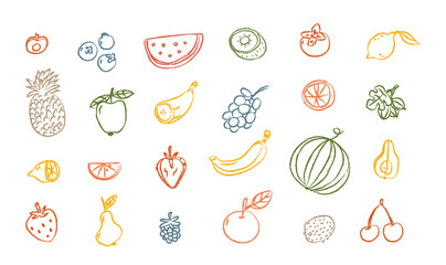Hand drawn fruit fresh vitamin food doodles crayon sketch design elements isolated collection