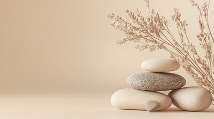 Abstract nature scene with composition of stones and dry branch. Neutral beige background for cosmetic, beauty product branding