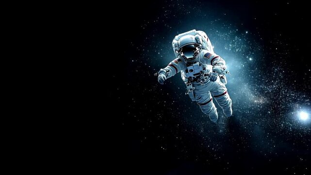 Astronaut wearing a white space suit is floating gracefully in the dark expanse of outer space, surrounded by twinkling stars and cosmic dust, capturing the essence of exploration and adventure