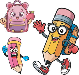 Cartoon Stylish Pencil and Backpack Vector for Funny Kids Design