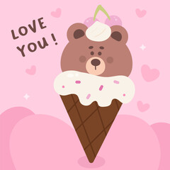 World chocolate day with cute teddy bear cartoon in ice cream cone