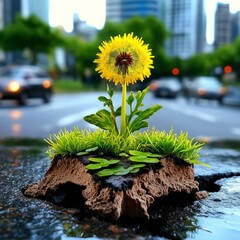A flower grows through the city tiles. Generative AI