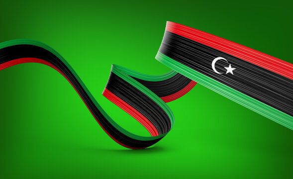 3d Flag Of Libya 3d Shiny Waving Libya Ribbon Flag On Green Background 3d Illustration