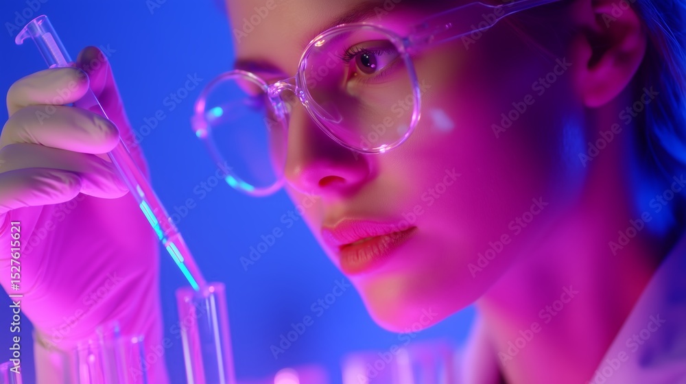 Poster young scientist conducts experiment with colorful lab equipment in a modern laboratory setting