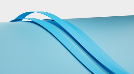 Three blue ribbons draped over a smooth, curved surface. 3D Illustration.