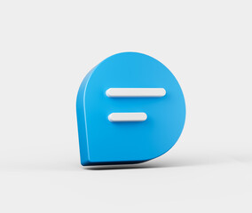Minimalist blue speech bubble icon with two white horizontal lines text. 3d illustration