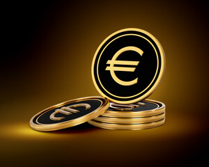 Stack Of Golden And Black European Euro Coins Set On Shiny Golden Glow Background 3d Illustration