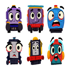 Cartoon train faces expressive large round eyes simple shapes, children's book illustrations painterly colors brushstrokes, distinct emotions surprised worried happy.
