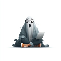 A surprised ghost, wearing glasses, sits cross-legged using a laptop, against a white background. A fun, spooky illustration.