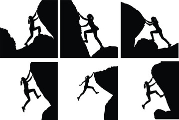 Silhouette set of Woman Climbing Mountain. Outdoor Adventure Clipart. girl Rock Climber. Strong Female Explorer