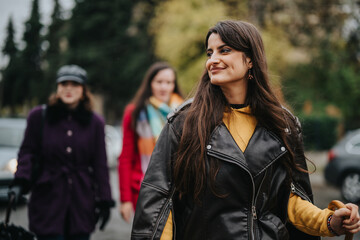 Casual scene of three friends walking together in the city on a rainy day, highlighting modern...