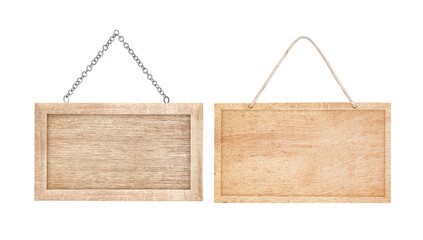 close up of a wooden sign with chain on white background