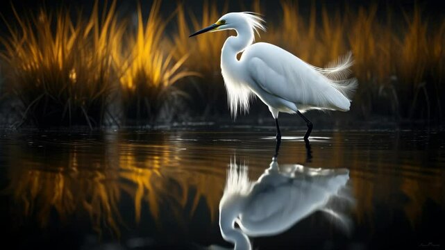Elegant white egret stands poised in calm waters reflecting golden grass at sunset