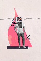 Poster image vertical photo collage of anonym man instead head pc monitor tv brainwash influence...