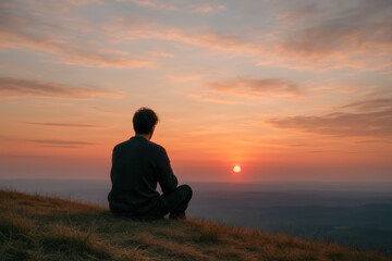 Hilltop Serenity at Sunset — an ultra-realistic silhouette of a solitary man seated cross-legged on golden grass high above the horizon, quietly watching the sun dip into layers of soft pastel haze; 
