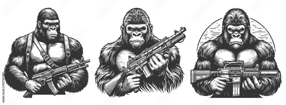 Poster gorillas wielding rifles in an aggressive, militant pose set collection bundle sketch engraving gene