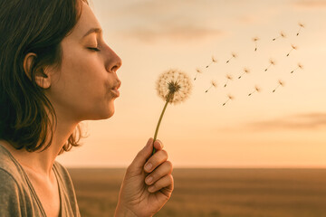 Dandelions in the Wind — an ultra-realistic, softly lit profile portrait of a young woman standing in an open sunset plain, lips pursed as she exhales across a delicate dandelion